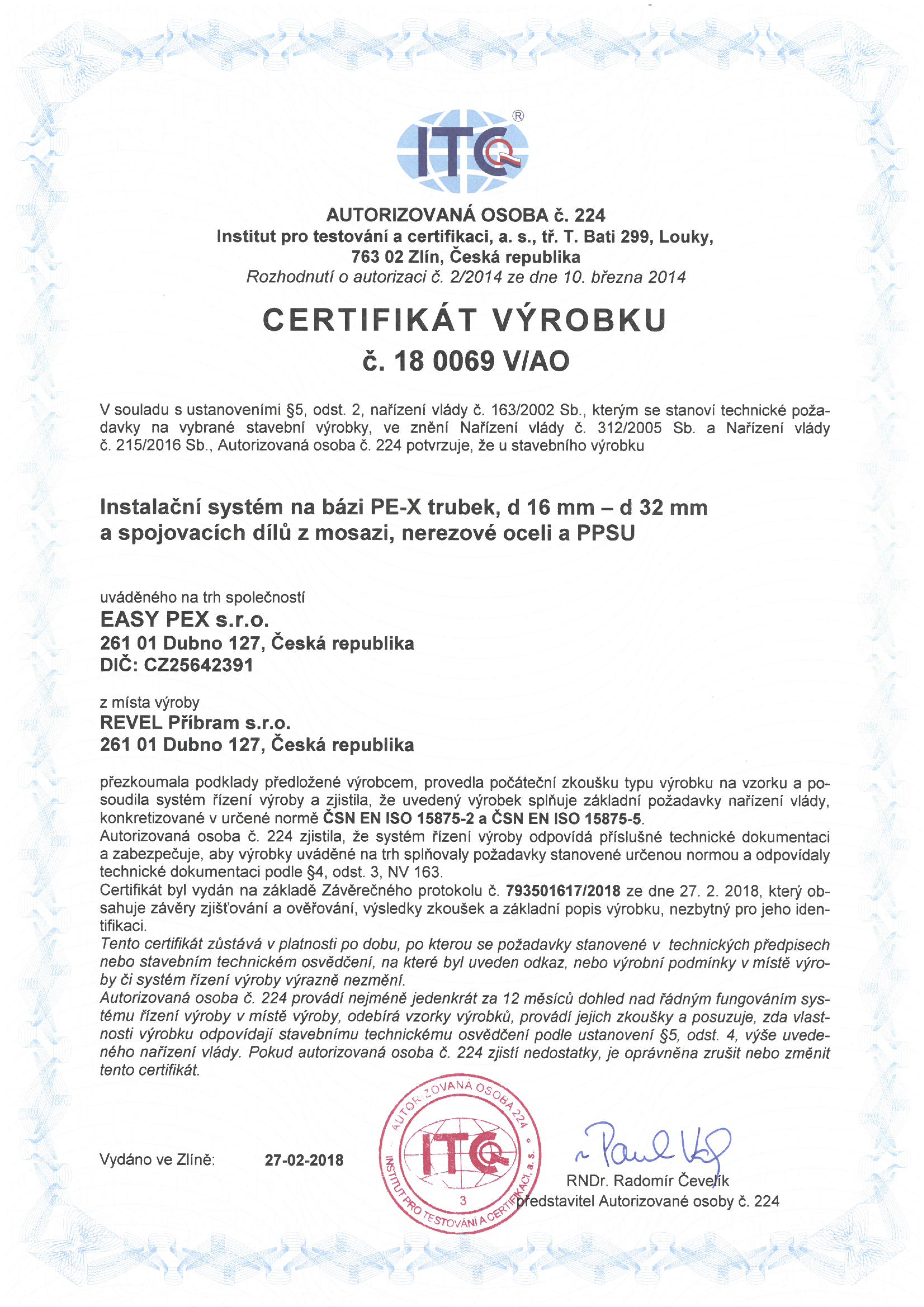 Certifikát montážního systému